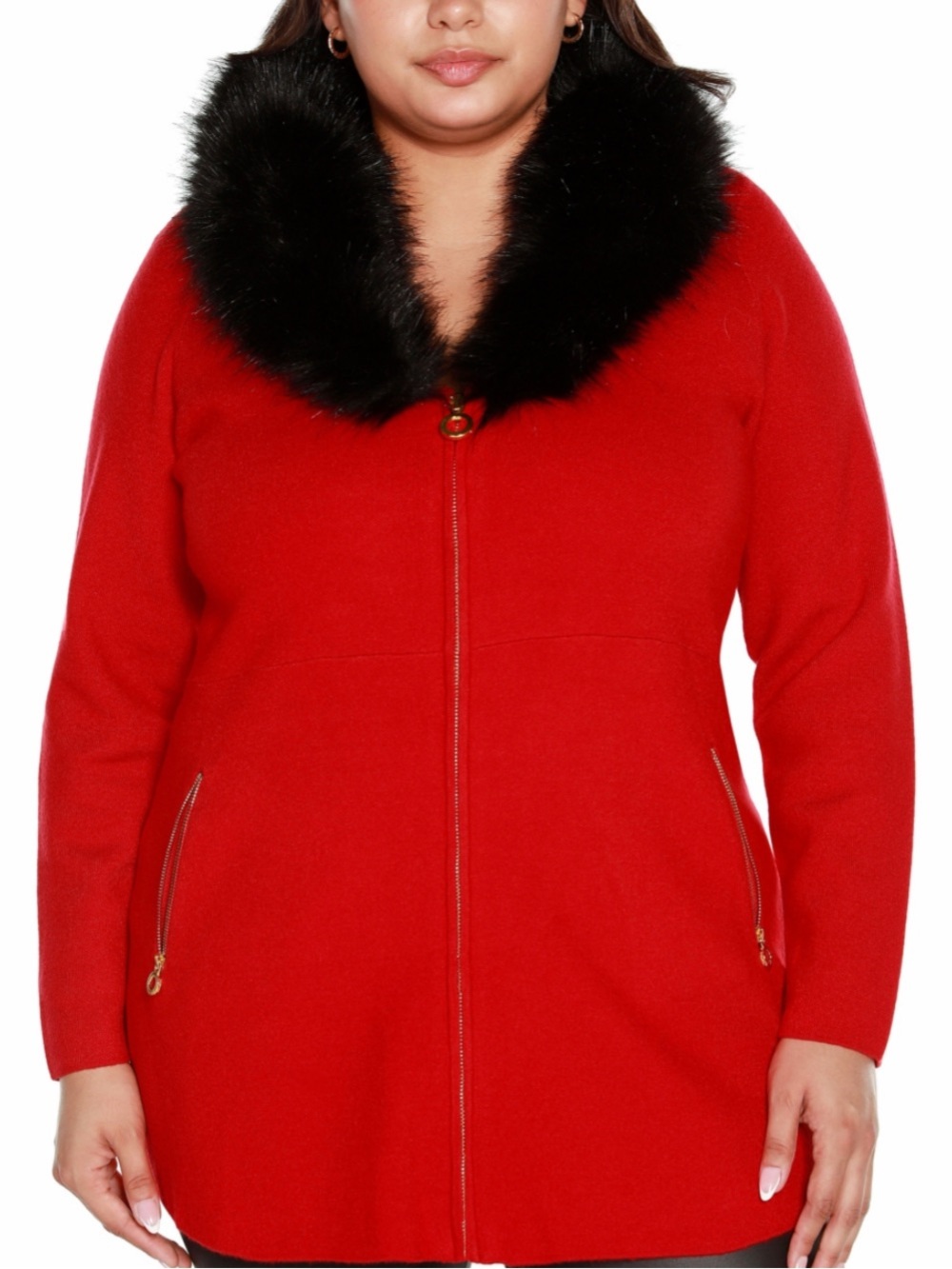 Belldini Red Pea Coat with Black Faux Fur Collar